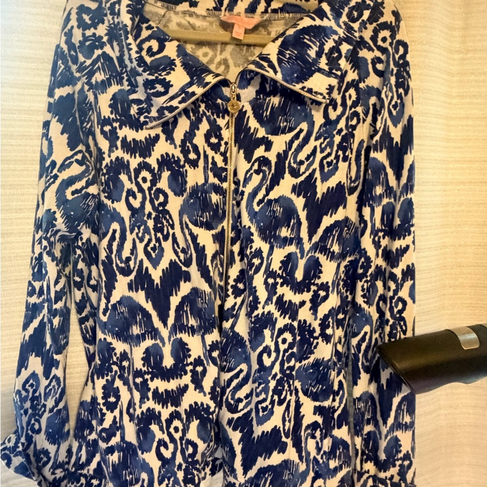 Lilly Pulitzer Blue and White Printed Zip-Front Jacket
